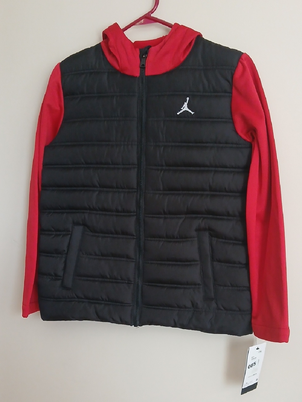 Nike Jordan Black Quilted Front Puffer Jacket with Red Sleeves and Hood